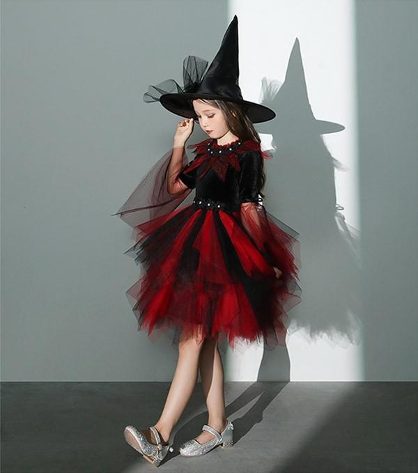 【送料無料】コスプレ 衣装 キッズ 子供服 ハロウィン 魔女 ウィッチ 女の子 ワンピース 長袖 帽子 イレギュラーヘム ミニ丈 ヴィランズ コスプレ衣装 コスチューム 可愛い パーティ イベン 仮装 ブラック オレンジ 100 110 120 130 140 150 160_6