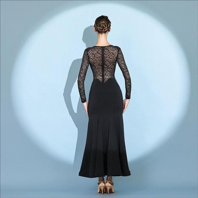 社交ダンス ドレス ロングドレス フリル 長袖 透視感 モダンドレス