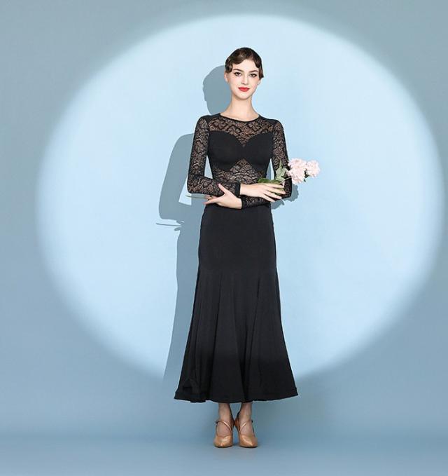 社交ダンス ドレス ロングドレス フリル 長袖 透視感 モダンドレス