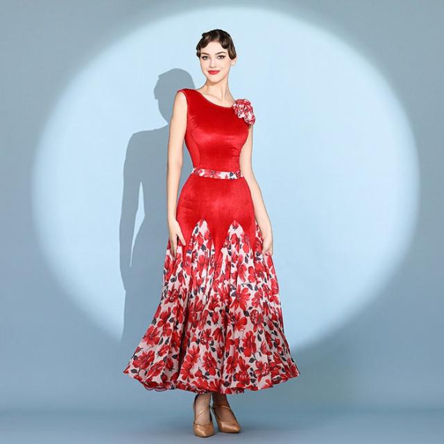 社交ダンス ドレス フリル モダンドレス レッド グリーン 花柄 社交