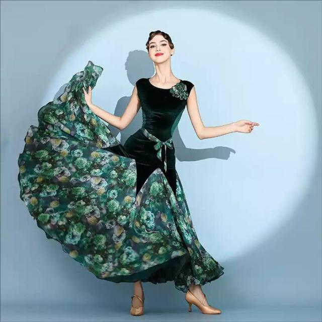 社交ダンス ドレス フリル モダンドレス レッド グリーン 花柄 社交