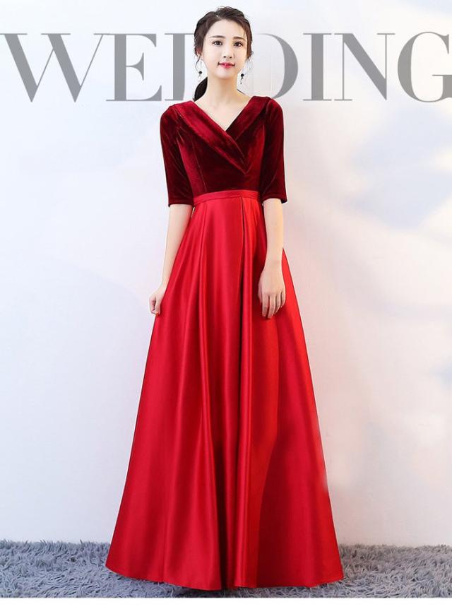 ベルベット ロングドレス レディース パーティードレス ピアノ発表会 演奏会 結婚式 二次会 成人式 同窓会 Aライン 袖あり 体型カバー 上品 エレガント ワンピース ロング丈 ステージドレス 大人 20代 30代 40代 50代 レッド ブルー シャンパン S〜4L_2