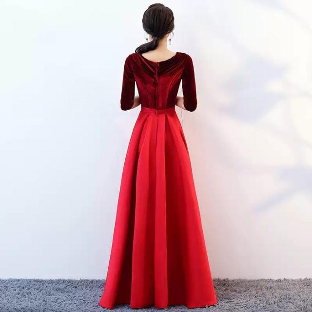 ベルベット ロングドレス レディース パーティードレス ピアノ発表会 演奏会 結婚式 二次会 成人式 同窓会 Aライン 袖あり 体型カバー 上品 エレガント ワンピース ロング丈 ステージドレス 大人 20代 30代 40代 50代 レッド ブルー シャンパン S〜4L_7