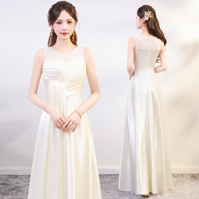 パーティードレス ロングドレス ホワイト ドレス ノースリーブ 背中ファスナー Aライン 上品 発表会 演奏会 合唱 団体衣装 結婚式 二次会 カラオケ 大人可愛い 透け感デザイン 30代 40代 50代 S〜6L 大きいサイズ お呼ばれ ステージ衣装_1