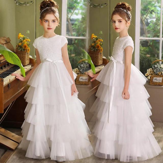 ドレス キッズ 子供ドレス 女の子 ホワイト ロングドレス ティアード フリル 発表会 結婚式 ピアノ 演奏会 入学式 卒園式 七五三 フォーマル お呼ばれ プリンセス風 110cm 120cm 130cm 140cm 150cm 160cm 春 夏 秋 h1017x0x0zu