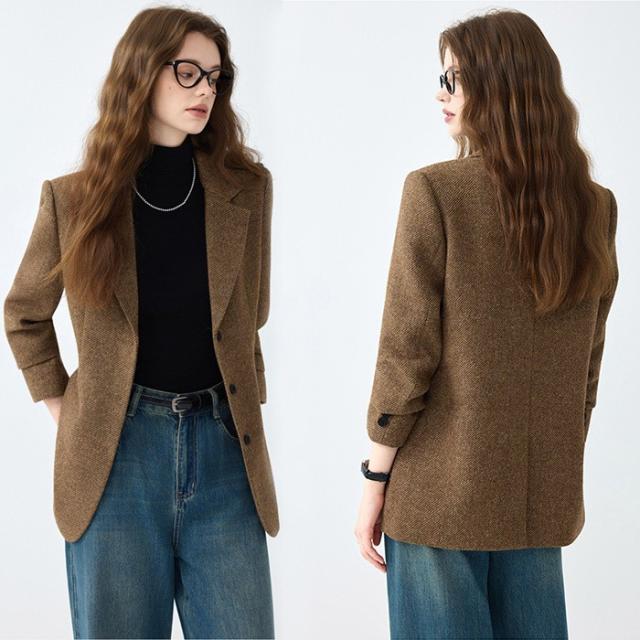 ジャケット レディース ブラウン テーラードジャケット オーバーサイズ 秋 冬 通勤 通学 デート 学園祭 きれいめ 大人カジュアル ゆったり ブラウン/グレー  S-3XL ジャケット レディース ブラウン テーラードジャケット オーバーサイズ