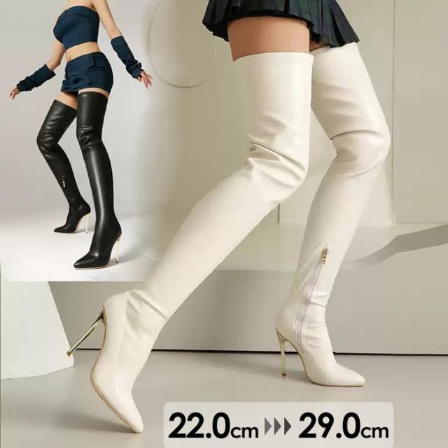 ニーハイブーツ レディース 過膝 ロングブーツ ピンヒール 細ヒール ハイヒール ヒール11cm ポインテッドトゥ 黒 白 大きいサイズ 小さいサイズ パーティー お呼ばれ きれいめ 美シルエット ブラック ホワイト 22.0〜29.0cm