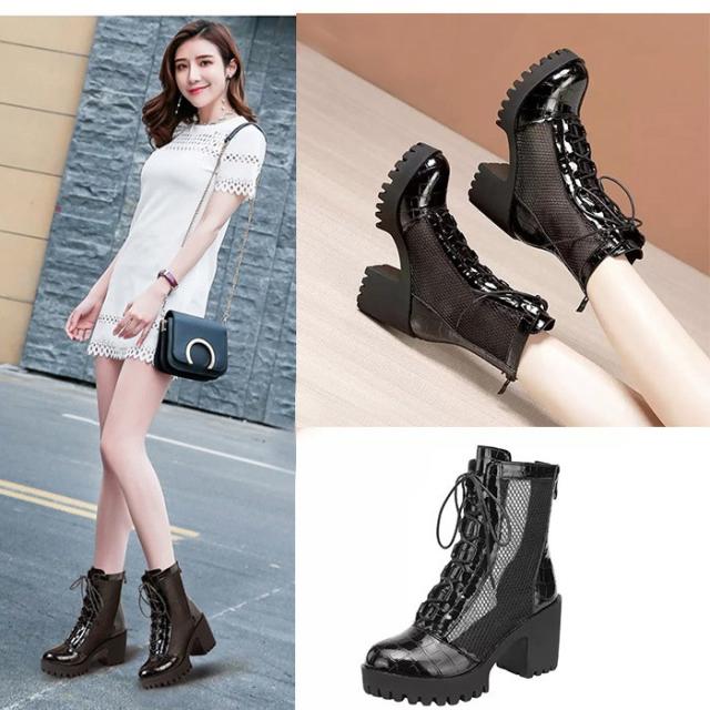 メッシュ ブーツ レディース レースアップ 厚底 太ヒール 編み上げ 黒 ハイカット 夏用 通気性 美脚 クロコ調 エナメル風 デザインブーツ おしゃれ 痛くない 歩きやすい 21.5cm〜26.5cm