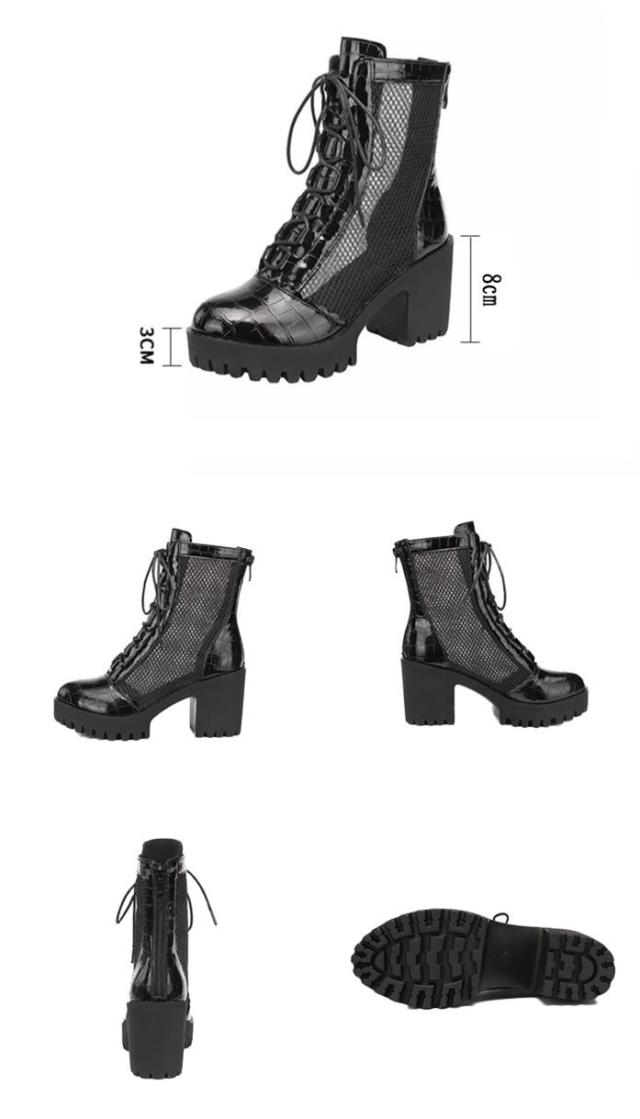 メッシュ ブーツ レディース レースアップ 厚底 太ヒール 編み上げ 黒 ハイカット 夏用 通気性 美脚 クロコ調 エナメル風 デザインブーツ おしゃれ 痛くない 歩きやすい 21.5cm〜26.5cm