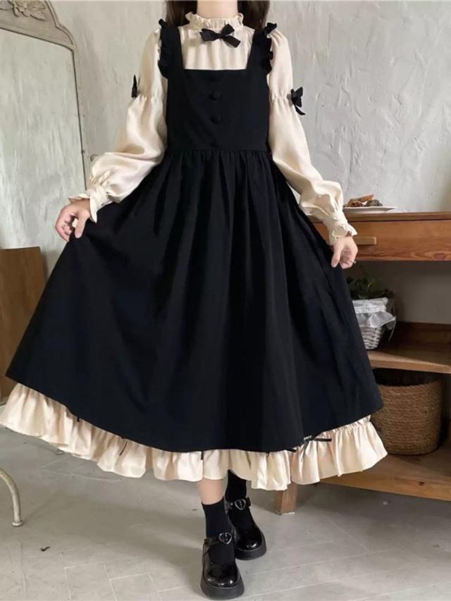 ロリータワンピース ブラック ベージュ フリルリボン付き ゴスロリ コスチューム 長袖 Aライン 衣装 仮装 パーティ 学園祭 文化祭 お茶会 デート ファッション
