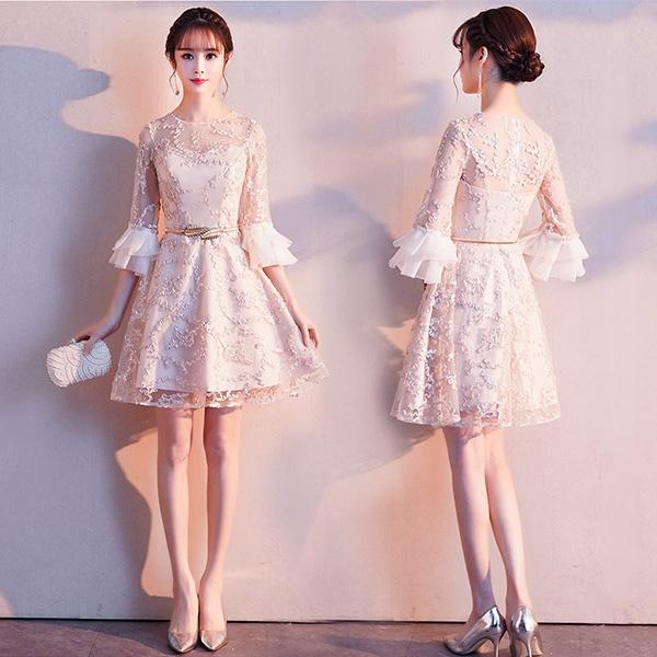 【送料無料】袖付き ショートドレス 膝丈 大きいサイズ 小さいサイズ フォーマル シャンパン ベージュ ワンピース カクテルドレス 二次会 ファスナー パーティー用 発表会 披露宴 演奏会 30代 40代