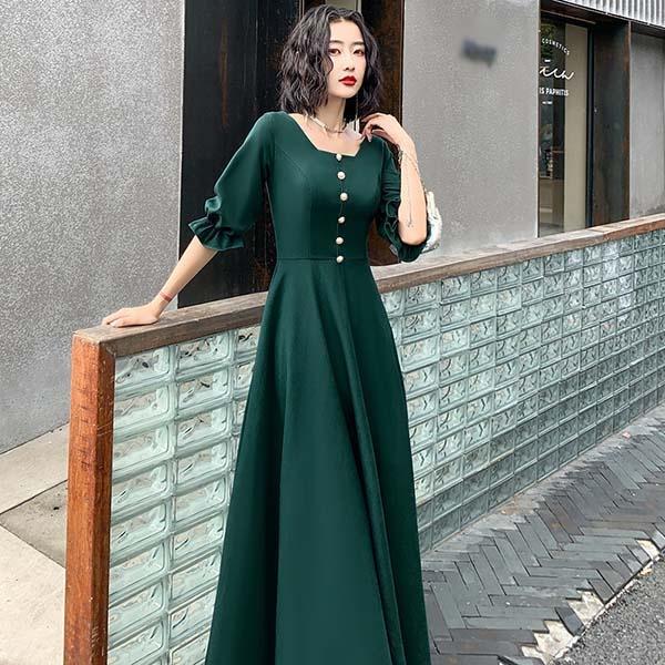 送料無料】パーティードレス ロング丈ドレス 緑 結婚式 バブルスリーブ