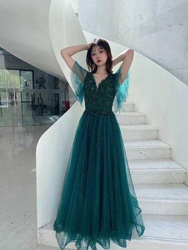 ロングドレス 演奏会 ピアノ 発表会 ドレス ウェディングドレス カラードレス 袖あり Vネック フレアスリーブ 背中開き 大きいサイズ ロングドレス 演奏会 ピアノ 発表会 ドレス ウェディングドレス カラー