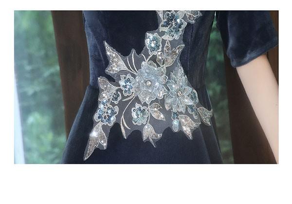 ロングドレス 演奏会 ピアノ 発表会 ツヤ感 花レース 刺繍 ブルードレス Vネック 袖あり ポワン袖 フェミニン エレガント大きいサイズ 5L 大人 母親 結婚式 体型カバー ベルベット 謝恩会 卒業式 花嫁 ステージ 青 ベージュ 20代 30代 40代 da207x1x1l9_9