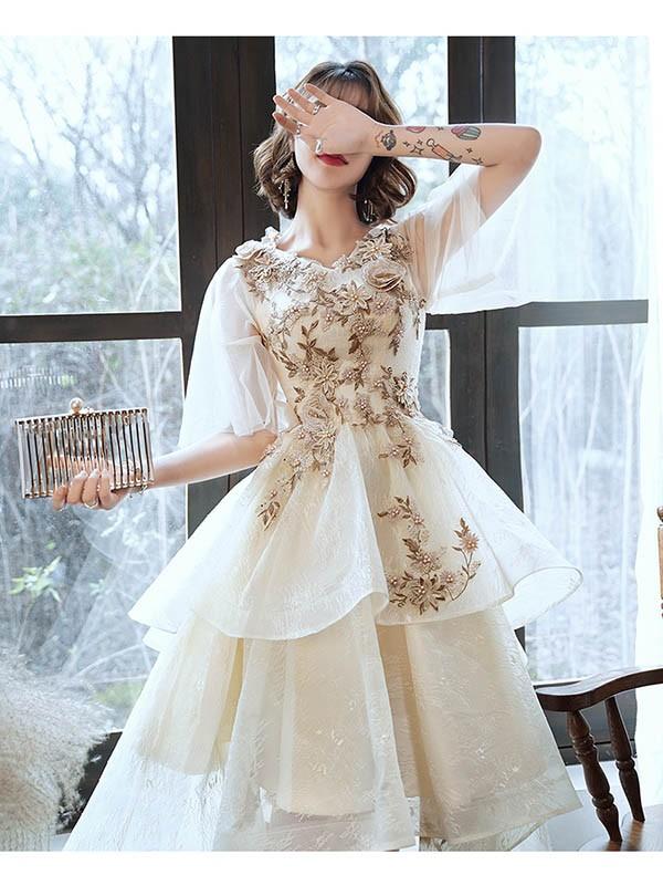 フィッシュテール ドレス ピアノ 発表会 ショート丈 ひざ丈ドレス Vネック フレアスリーブ 半袖あり 豪華レース刺繍 ファスナー パーティードレス ウエストリボン カクテルドレス 演奏会 結婚式 母親 ドレス フォーマル 小さいサイズ 大きいサイズ XS S M L XL 2XL 3XL_9