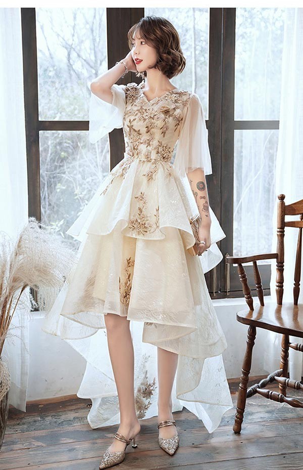 フィッシュテール ドレス ピアノ 発表会 ショート丈 ひざ丈ドレス Vネック フレアスリーブ 半袖あり 豪華レース刺繍 ファスナー パーティードレス ウエストリボン カクテルドレス 演奏会 結婚式 母親 ドレス フォーマル 小さいサイズ 大きいサイズ XS S M L XL 2XL 3XL_4