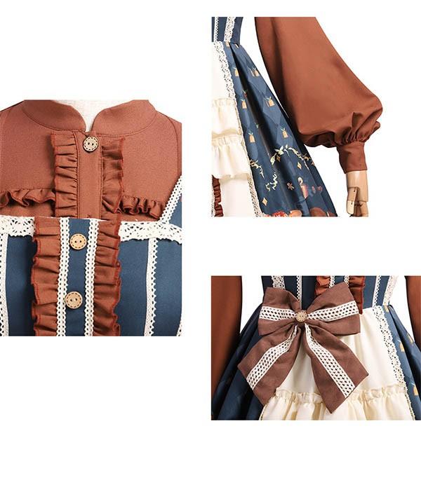 ロリータワンピース 長袖 クラロリ 秋冬 膝丈 リボン レディース