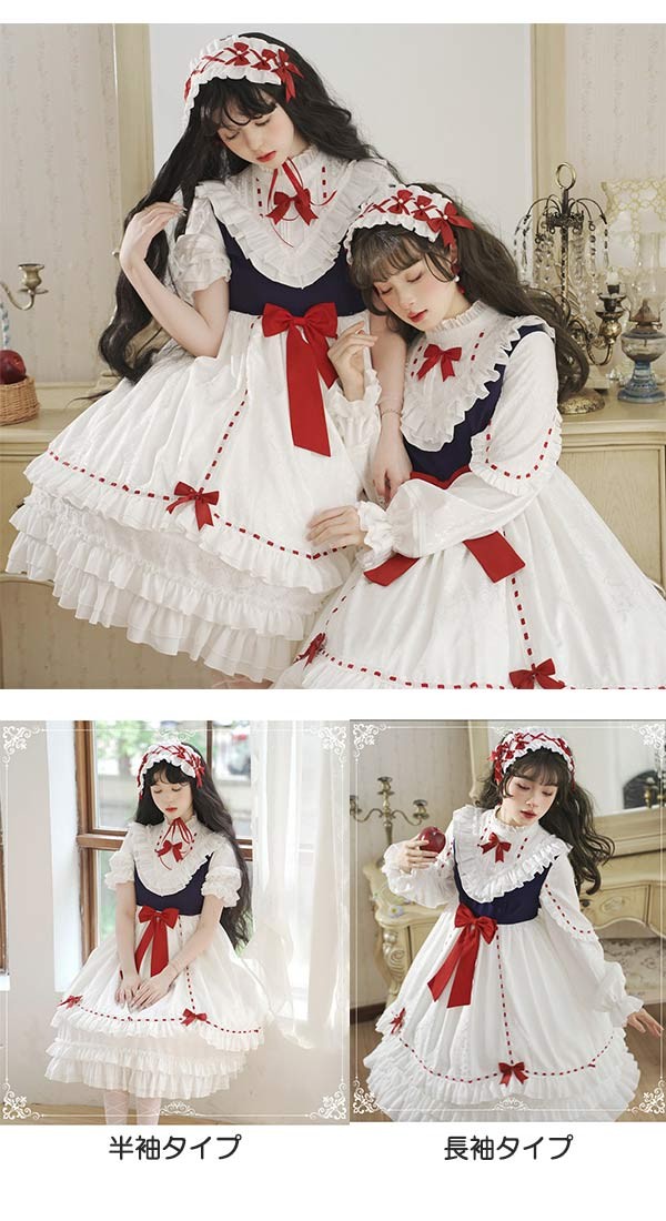 ロリータワンピース クラロリ ホワイト 白 レディース lolita リボン ロリータ 長袖付き 半袖あり 膝丈 小柄 可愛い 着?せ 仮装 コスプレ コスチューム 小柄 可愛い 学生 通学 通勤 着?せ 女の子 ゴスロリ_1