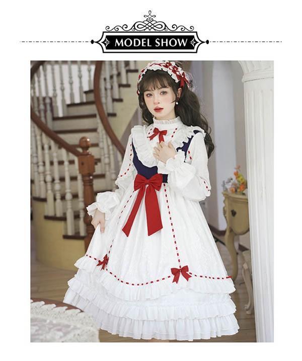 ロリータワンピース クラロリ ホワイト 白 レディース lolita リボン ロリータ 長袖付き 半袖あり 膝丈 小柄 可愛い 着?せ 仮装 コスプレ コスチューム 小柄 可愛い 学生 通学 通勤 着?せ 女の子 ゴスロリ_5