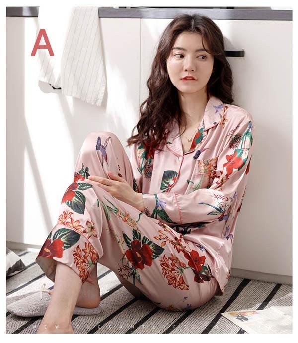 送料無料】 レディース パジャマ 2点セット 長袖 長ズボン 花柄 涼しげ