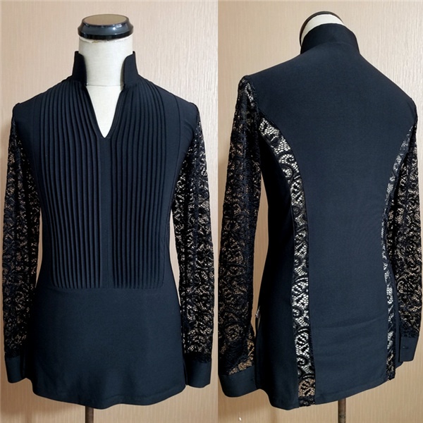 【送料無料】メンズ 社交ダンス衣装 ブラック 長袖 競技用 レース 透け感 Vネック 立ち襟  ダンスウエア ラテンダンスシャツ メンズラテンシャツ 男性用 ダンス衣装 ダンスウェア 練習着 ラテン ルンバ チャチャチャ 演出 発表会 パーティー 送料無料】メンズ 社交ダンス衣装 ブラック 長袖 競技用 レース 透け感