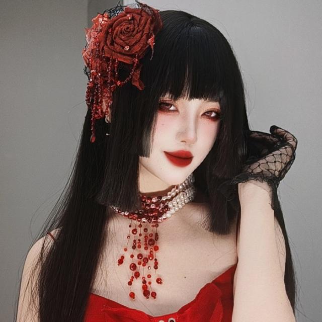 姫カット 中世の貴族風 ストレート ブラック 黒髪 フルウィッグ かつら 女性 長髪 ロングヘア  ロリータ lolita 前髪あり 自然 可愛い wig コスプレ  小顔効果 コスチューム 仮装 変装