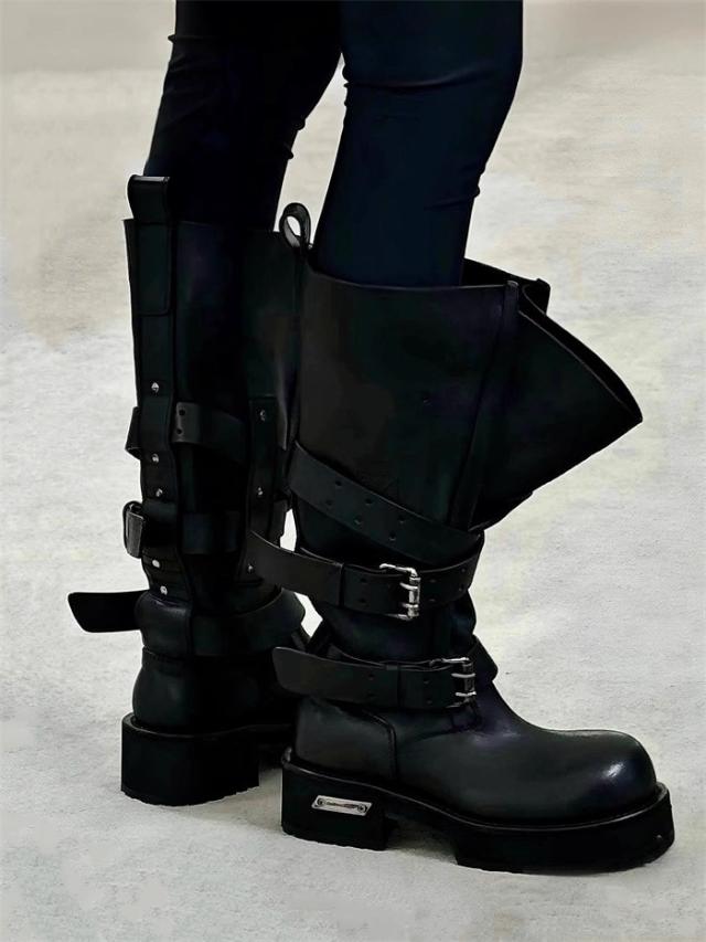 厚底 ブーツ レディース ロングブーツ ミドル丈 ベルト バックル エンジニアブーツ 黒 ブラック パンク ロック ゴシック 原宿系 厚底靴 美脚 脚長 盛れる 安定感 歩きやすい ストリート モード コスプレ ライブ フェス ダンス 衣装 靴 22.5cm 23cm 24cm 25cm_5