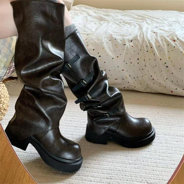 厚底 ブーツ レディース ロングブーツ くしゅくしゅ ミドル丈 ベルト バックル 黒 ブラック ブラウン パンク ロック ゴシック 原宿系 厚底靴 美脚 脚長 盛れる 安定感 歩きやすい カジュアル ストリート モード コスプレ ライブ フェス ダンス 衣装 靴 22.0-25cm