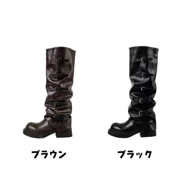 厚底 ブーツ レディース ロングブーツ くしゅくしゅ ミドル丈 ベルト バックル 黒 ブラック ブラウン パンク ロック ゴシック 原宿系 厚底靴 美脚 脚長 盛れる 安定感 歩きやすい カジュアル ストリート モード コスプレ ライブ フェス ダンス 衣装 靴 22.0-25cm