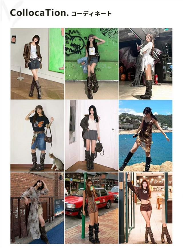 厚底 ブーツ レディース ロングブーツ くしゅくしゅ ミドル丈 ベルト バックル 黒 ブラック ブラウン パンク ロック ゴシック 原宿系 厚底靴 美脚 脚長 盛れる 安定感 歩きやすい カジュアル ストリート モード コスプレ ライブ フェス ダンス 衣装 靴 22.0-25cm