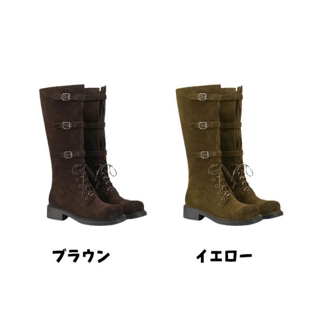 厚底 ブーツ レディース ロングブーツ レースアップ 3連バックル ワークブーツ スエード調 カジュアル パンク ロック 歩きやすい 美脚 脚長効果 22.5cm〜25.0cm 秋冬 ダークブラウン キャメル おしゃれ 安定感 痛くない サイドジップ プラットフォーム_1