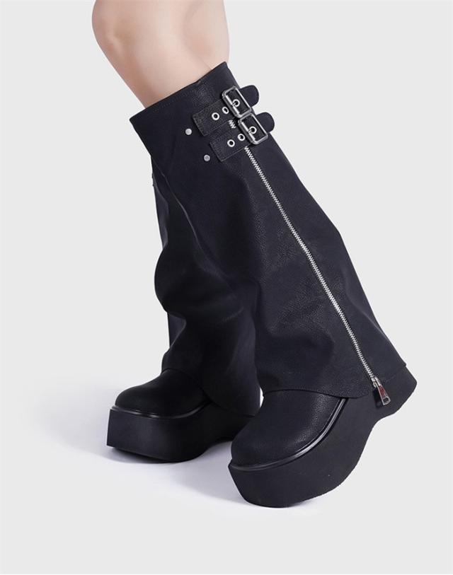 厚底 ロングブーツ レディース カバーブーツ ゲイターブーツ サイドジップ ダブルバックル プラットフォーム 美脚 脚長 スタイルアップ ボリュームソール カジュアル モード 秋冬 おしゃれ 痛くない 歩きやすい ブラック ブラウン 22.5cm 25.0cm_9
