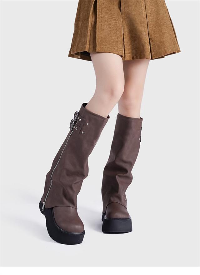 厚底 ロングブーツ レディース カバーブーツ ゲイターブーツ サイドジップ ダブルバックル プラットフォーム 美脚 脚長 スタイルアップ ボリュームソール カジュアル モード 秋冬 おしゃれ 痛くない 歩きやすい ブラック ブラウン 22.5cm 25.0cm_14