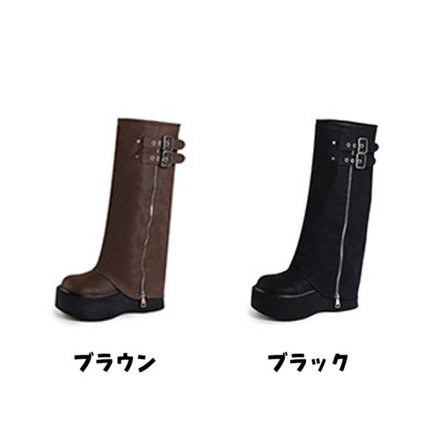 厚底 ロングブーツ レディース カバーブーツ ゲイターブーツ サイドジップ ダブルバックル プラットフォーム 美脚 脚長 スタイルアップ ボリュームソール カジュアル モード 秋冬 おしゃれ 痛くない 歩きやすい ブラック ブラウン 22.5cm 25.0cm_1
