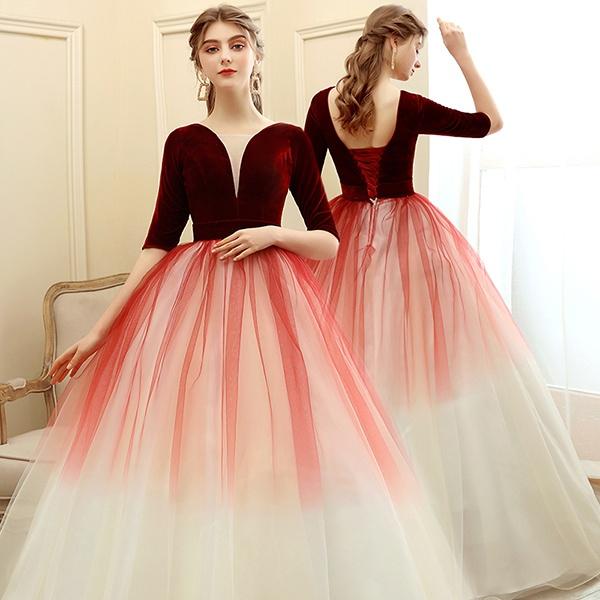 ロングドレス 袖付き ステージ衣装 演奏会用ドレス Vネック ベルベット