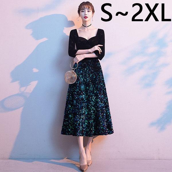 【送料無料】イブニングドレス カラオケドレス 大人 ピアノ 発表会 ミモレ丈 パーティードレス  ファスナータイプ 20代 ベルベット 冬向き 演奏会 結婚式 ワンピース 大きいサイズ 成人式 同窓会 裏地付き 母親 袖あり お呼ばれ 30代 40代