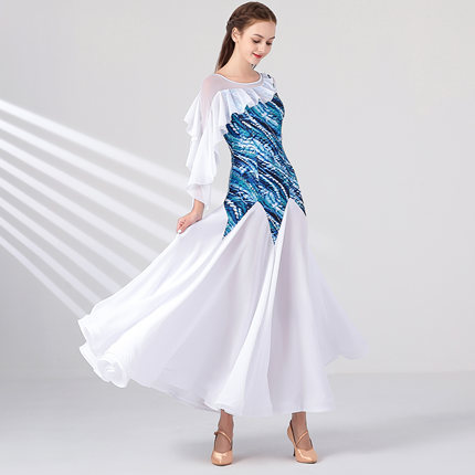 【送料無料】社交ダンス ドレス ダンスドレス 7分袖 グラデーション 大きい裾 モダンダンス モダンドレス ワルツ ロングドレス 社交ダンス衣装 ワンピース 練習着 演出着 ステージ衣装 舞台衣装 演出用 セクシー