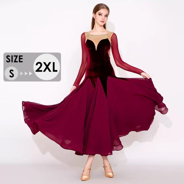 社交ダンス ドレス ダンス衣装 初心者 練習着 競技着 社交ダンス衣装 ワンピース 長袖 レース 透け感 豪華 パーティー モダン スタンダード ルンバ 専用 発表会 開場ドレス ストレッチ 団体 ワインレッド S M L XL 2XL