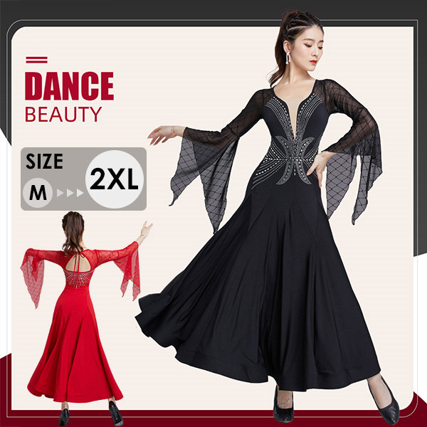 【送料無料】社交ダンス 衣装　モダンドレス ラテン衣装 ダンスウエア 大きい裾 競技着 練習服 ワルツ タンゴ服 インターナショナルダンス モダン