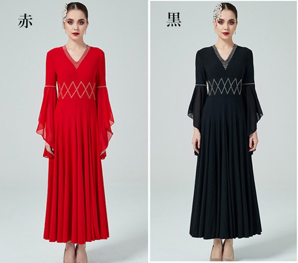 社交ダンス ドレス スタンダード 社交ダンス衣装 ワンピース 広がる裾 ワンピース スタンダード レッスン着 発表会 競技着 練習着 演出用 スタンダード ワルツ専用ドレス ロング丈 オールシーズン 赤 黒　be119zbzbl9の通販は