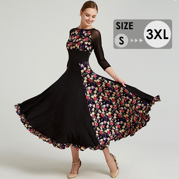 社交ダンス ドレス 社交ダンス衣装 花柄 ワンピース 広がる裾 レッスン着 モダンドレス タンゴ フラメンコ モダンダンス ボールルーム衣装 ラテンドレス レッスン着 ステージ 舞台 発表会 競技着 練習着 演出用 ストレッチ 団体 スタンダード ワルツ専用ドレス be141zbzbzu