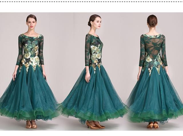 社交ダンス ドレス 社交ダンス衣装 長袖 初心者 花柄 練習着 広がる裾