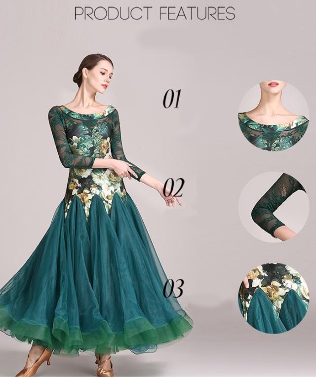 高品質 社交ダンス ドレス 社交ダンス衣装 長袖 初心者 花柄 練習着 広がる裾 発表会用 ワンピース パーティー スタンダード レッスン着 発表会 競技着 演出用 開場ドレス ワルツ専用ドレス ロング丈 オールシーズン グリーン ブラック S M L XL 2XL 社交ダンス ドレス 社交ダンス衣装 長袖 初心者 花柄 練習着 広がる裾