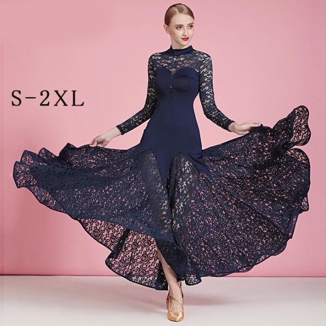 社交ダンス ドレス 社交ダンス衣装 長袖 初心者 練習着 レース ハイネック 広がる裾 発表会用 ワンピース パーティー スタンダード レッスン着 発表会 競技着 演出用 開場ドレス ワルツ専用ドレス