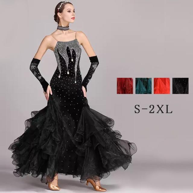 社交ダンス ドレス 社交ダンス衣装 長袖 初心者 練習着 豪華 キラキラ 広がる裾 発表会用 ワンピース パーティー スタンダード 発表会 競技着 演出用 開場ドレス ワルツ専用ドレス ロング丈 オールシーズン ブラック