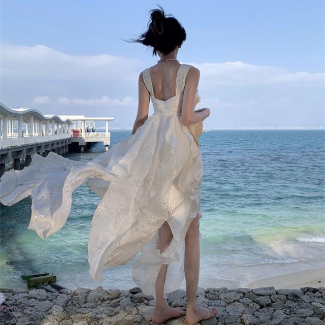 リゾートワンピース キャミソール 沖縄 大人 白 可愛い 夏 ロングワンピース ハワイ リゾートワンピ 白ワンピース ハワイアン 沖縄 体型カバー 結婚式 七五三 成人式 卒業式 入学式 Aライン 春夏おうち マキシ丈 無地 おしゃれ 韓国 光沢_7