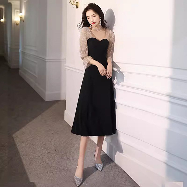 パーティードレス ロングドレス 演奏会 袖あり ラウンドネック バイ