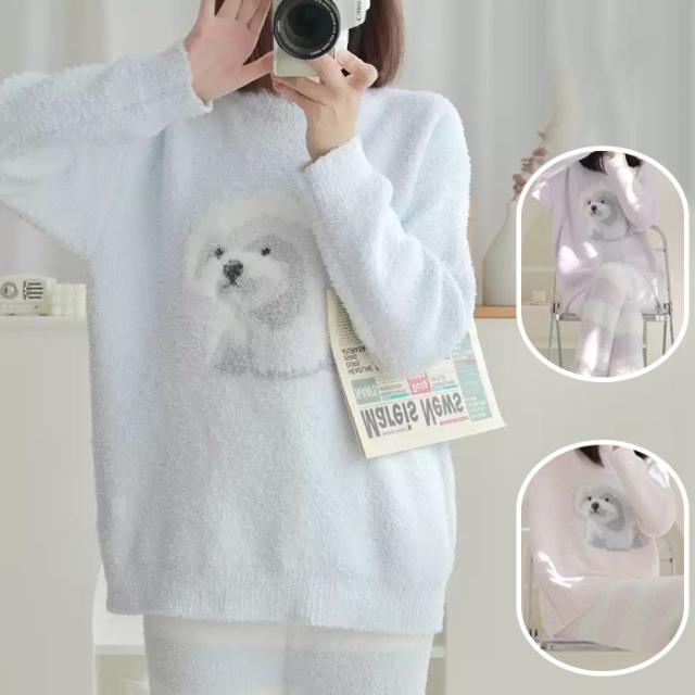 ルームウェア レディース いぬ 犬 ふわふわ もこもこ ゆったり 暖かい フリーサイズ 防寒 可愛い 上下セット パジャマ ナイトウェア ズボン パンツ しましま ボーダー 長袖 着る毛布 かぶり 韓国