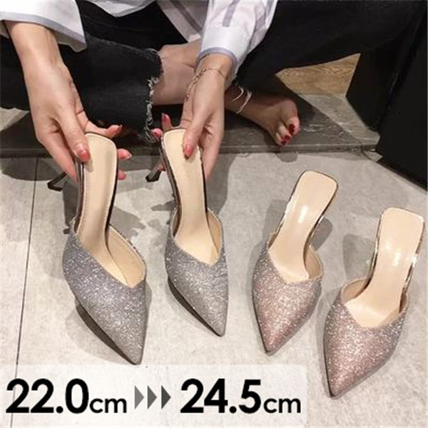 【送料無料】パーティーサンダル ミュール ハイヒール ピンヒール 美脚 ポインテッドトゥ キラキラ 美脚パンプス 靴 結婚式 通勤 パーティー デート 大人可愛い 夏 美脚 普段履き さんだる おしゃれ カジュアル 大きいサイズ シャンパン シルバー