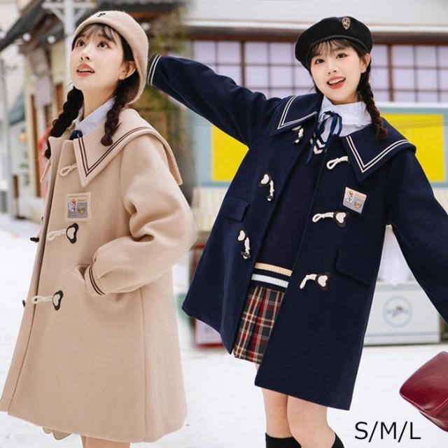 スプリングコート レディース ステンカラーコート ミディアムコート ノーカラー ロリータ 冬服 リボン レディース ジャケット ロリータコート ロリータアウター トップス アウター 小柄 可愛い 学生 通学 通勤 ゴスロリ 厚手 防寒 寒さ対策 秋冬 ベージュ ネイビー S M L